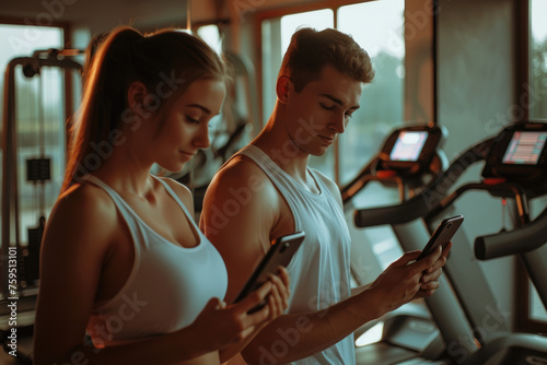 Young couple using smartphone in gym