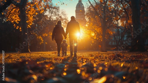 A Man and Child Walking in a Park at Sunset