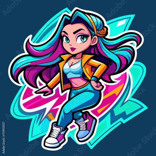 Sticker portraying a stylish girl in a dynamic pose  with graffiti-inspired elements and bold graphics