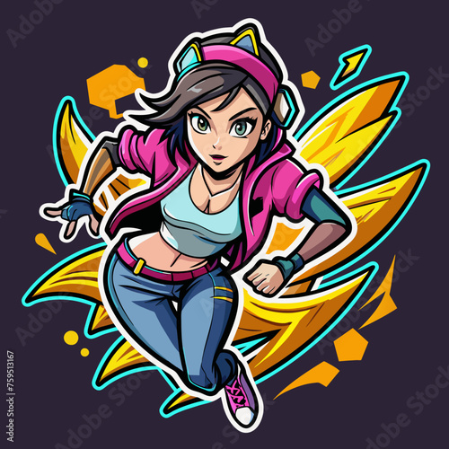 Sticker portraying a stylish girl in a dynamic pose, with graffiti-inspired elements and bold graphics