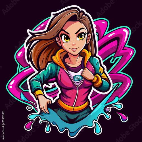 Sticker portraying a stylish girl in a dynamic pose  with graffiti-inspired elements and bold graphics