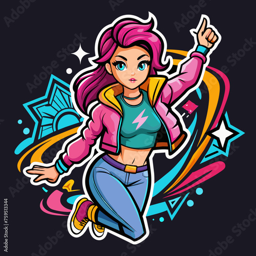 Sticker portraying a stylish girl in a dynamic pose  with graffiti-inspired elements and bold graphics