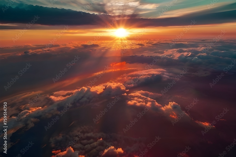 Red bright sunset with the rays of the sun at a bird's eye view, from space and clouds, beautiful landscape wallpaper for desktop Generative AI