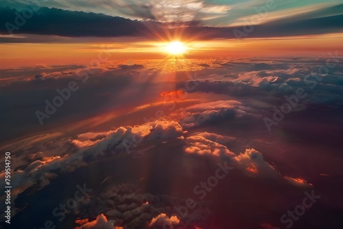 Red bright sunset with the rays of the sun at a bird's eye view, from space and clouds, beautiful landscape wallpaper for desktop Generative AI