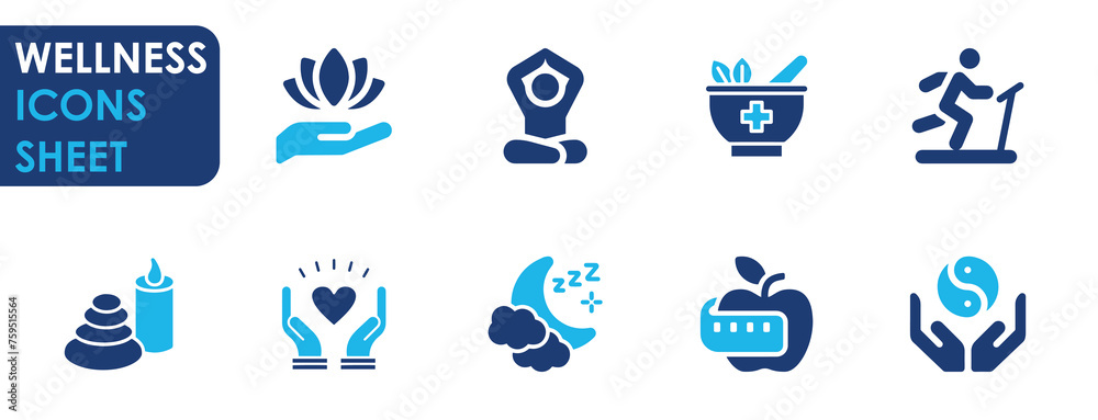 A set of wellness related icons. Flat solid color icon sets with wellness, spa, meditation, herbal medicine, exercise, balanced diet and so on. - obrazy, fototapety, plakaty 
