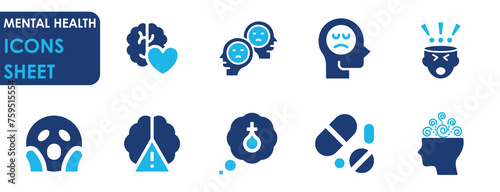 Mental health related icons set. Flat style icon designs of fear, trauma, panic, meditation and so on.