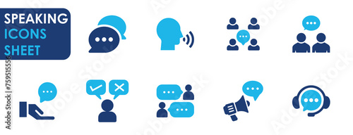 A set of speaking related icons. Speak, express, judge, advice, communicate, opinion icons set in flat style.