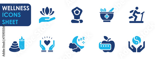 A set of wellness related icons. Flat solid color icon sets with wellness, spa, meditation, herbal medicine, exercise, balanced diet and so on.