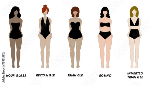 Women Body Shapes Types Vector in Black Swimsuit. Hourglass, rectangle, triangle, round, inverted triangle, Health Fit Fitness, beautiful, beauty girls