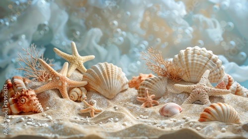 Ocean treasures on sandy shore with bubbly backdrop © pixcel3d