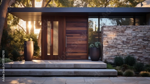 Contemporary house entryway featuring natural stone wall photo