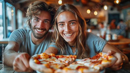 A Man and a Woman Sitting in Front of a Pizza