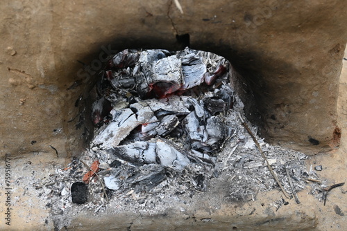 Clay stove. This is a type of cooking stove. It is used in rural area for cooking and heating. Traditional stoves used by residents in rural India. Wood fire is burning in the earthen or mud stove.