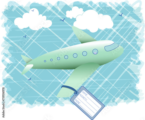 Illustration showing the concept of travel with a plane flying in the air with a luggage tag on the wing.