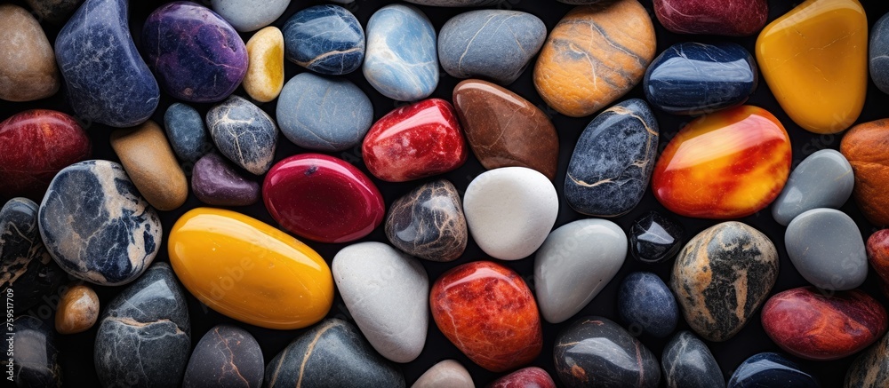 An eyecatching arrangement of natural material in electric blue, the pile of colorful rocks creates a mesmerizing pattern on the black background, resembling a unique piece of art
