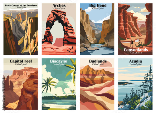 Set of 8 Vintage National Park Posters National Park Art Prints, Nature Wall Art, and Mountain Print Travel Wall Art Living Room Bedroom Bathroom Decor. photo