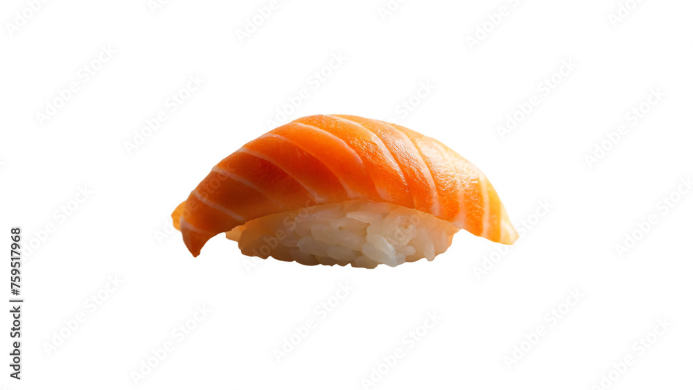 Sushi assortment on white background with salmon, representing Japanese cuisine and fresh seafood meal Sushi assortment on white background with salmon, representing Japanese cuisine and fresh seafood meal