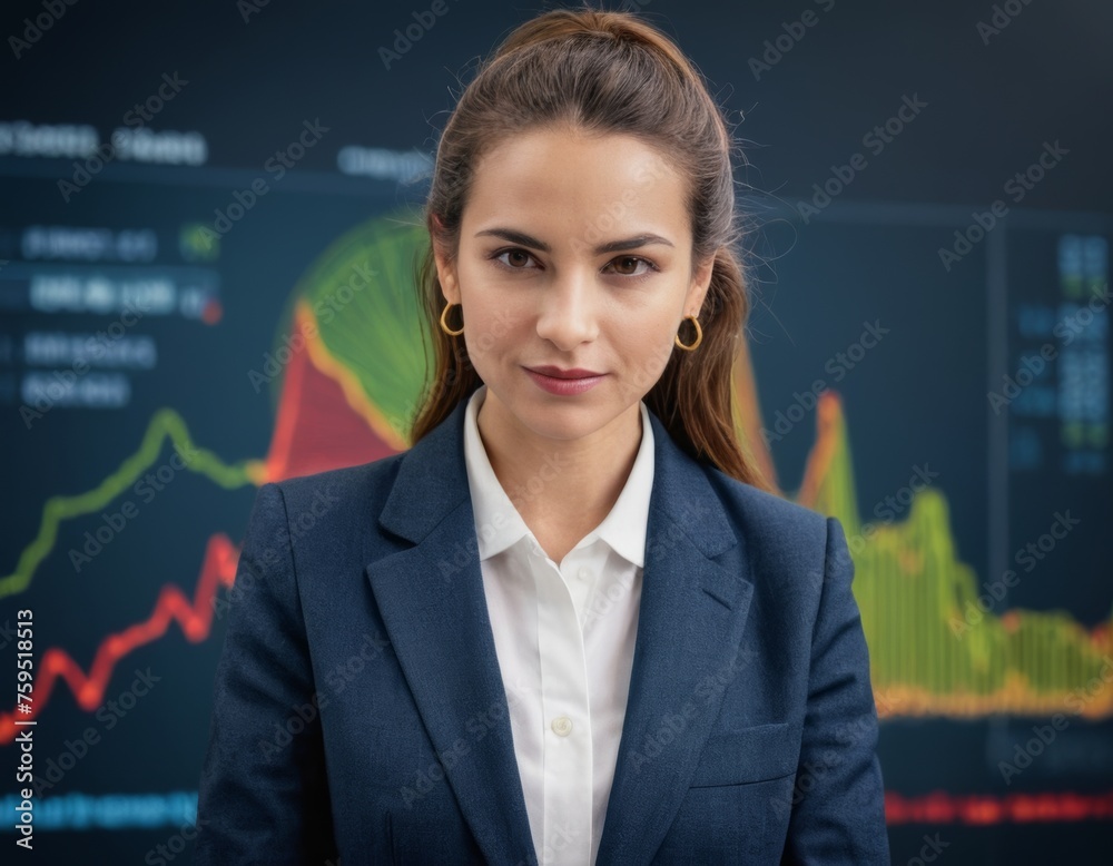 A woman in a business suit stands in front of a large screen with graphs and charts. She is focused and serious, possibly preparing for a presentation or meeting A woman in a business suit stands in front of a large screen with graphs and charts. She is focused and serious, possibly preparing for a presentation or meeting