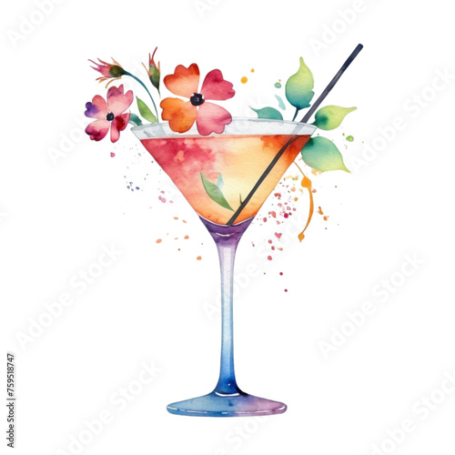 a watercolor glass of cocktail with flowers on Isolated transparent background png. generated with AI