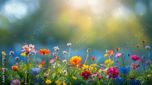 A beautiful meadow with wild flowers and soft focus, serving as a serene and picturesque nature background. © NE97