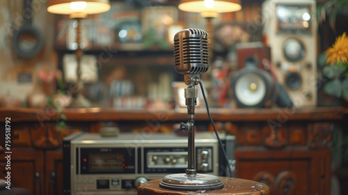 Classic microphone and vintage radio on wooden surface. photo