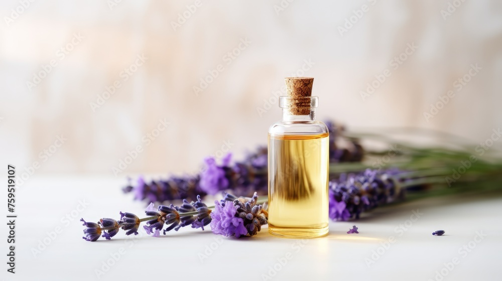 A glass bottle of lavender essential oil with fresh lavender flowers, an aromatherapy spa massage concept. Alternative medicine. Aromatherapy. A glass bottle of lavender essential oil with fresh lavender flowers, an aromatherapy spa massage concept. Alternative medicine. Aromatherapy.