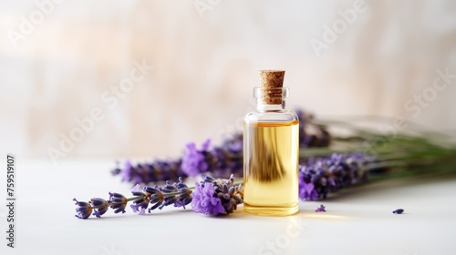 A glass bottle of lavender essential oil with fresh lavender flowers  an aromatherapy spa massage concept. Alternative medicine. Aromatherapy.