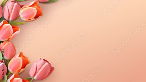 Pink tulips with fresh green leaves on a peach background. Beautiful background for a holiday, Valentine's day, women's day. An empty space for the text. #759519388
