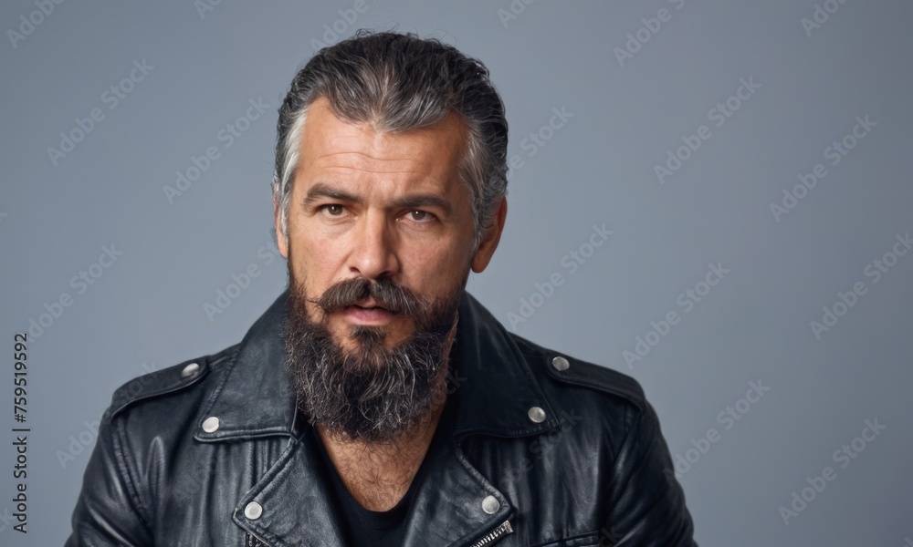 A man with a beard and long hair is wearing a leather jacket. He looks serious and focused A man with a beard and long hair is wearing a leather jacket. He looks serious and focused