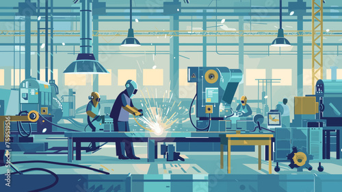 illustration of an industrial welding scene inside a modern factory with  worker in protective gear skillfully