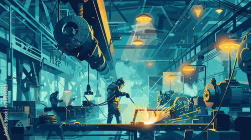 illustration of an industrial welding scene inside a modern factory with  worker in protective gear skillfully