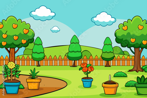 A serene garden path framed by lush trees and vibrant blooms offers a tranquil escape.