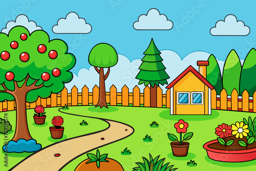 This image depicts a lush and vibrant garden with towering trees providing a serene and majestic backdrop.