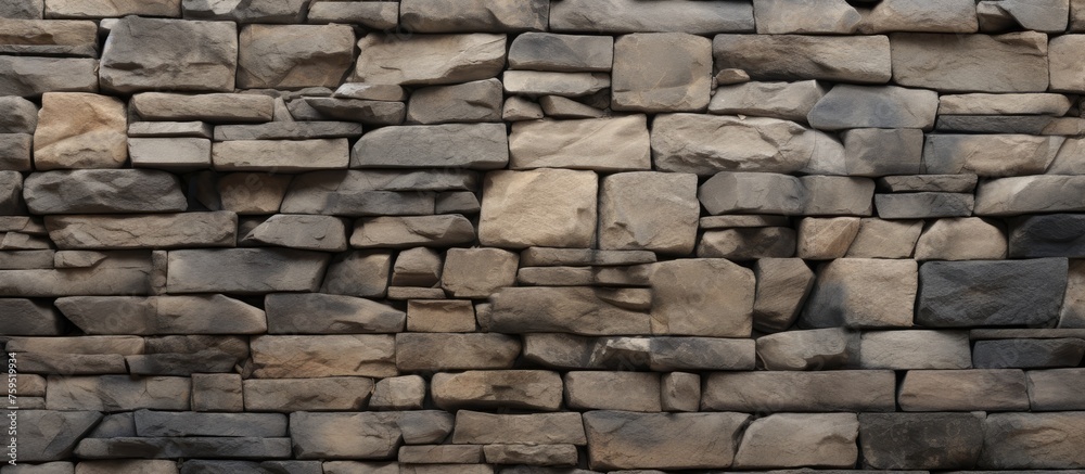 Obraz premium A close up of a stone wall constructed with a variety of rocks including brick, cobblestone, flagstone, and composite materials. The wall features a mix of textures and earthy tones like beige