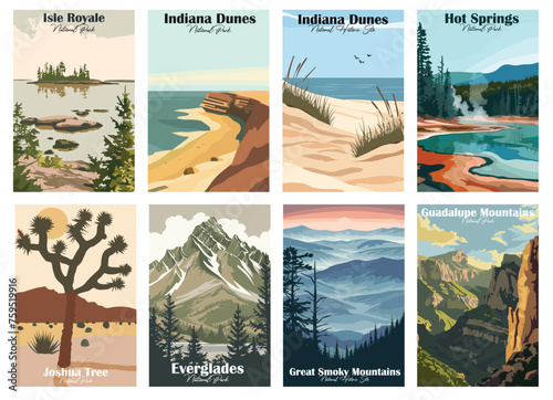 Set of 8 Vintage National Park Posters National Park Art Prints, Nature Wall Art, and Mountain Print Travel Wall Art Living Room Bedroom Bathroom Decor.