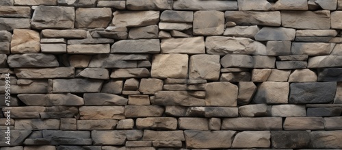 A close up of a stone wall constructed with a variety of rocks including brick, cobblestone, flagstone, and composite materials. The wall features a mix of textures and earthy tones like beige