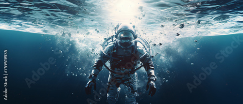 The astronaut swims in the blue space water .