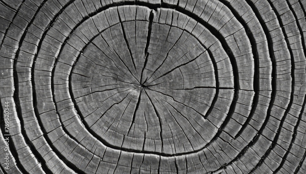 Fototapeta premium Warm gray cut wood texture. Detailed black and white texture of a felled tree trunk or stump. Rough organic tree rings with close up of end grain.