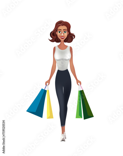 Cartoon woman holding shopping bags, vector