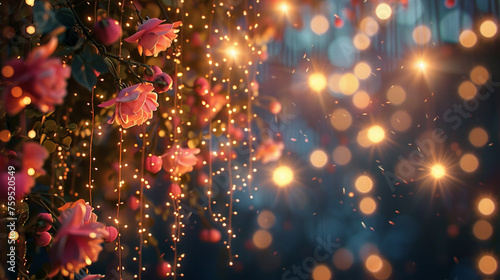 Twinkling fairy lights  draped fabrics  starlit whispers  romance blossoms.