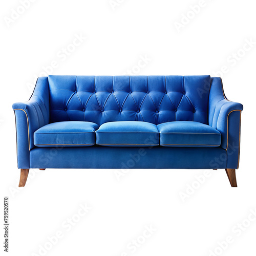 Blue leather sofa isolated on transparent background.