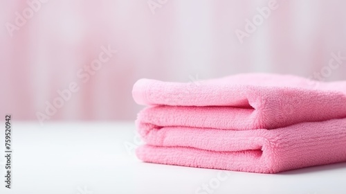 Pink cotton towels on a white background. Bathroom decor and accessories.