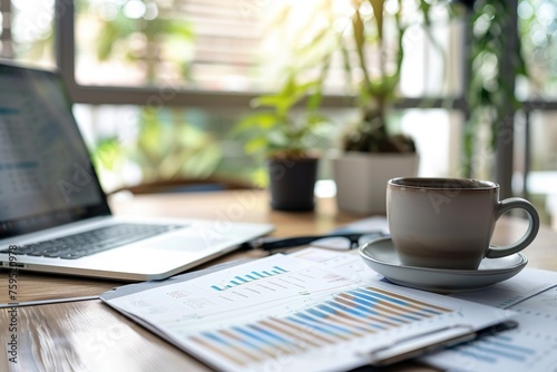 A modern office desk with a laptop financial reports and a cup of coffee