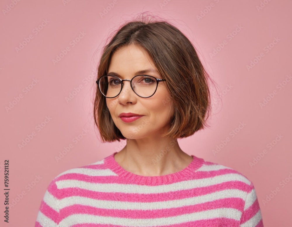 A senior woman with short hair and glasses is wearing a pink and white striped sweater. She has a smile on her face and is looking directly at the camera