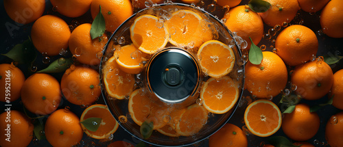 Top view of juicer full of orange pulp with fresh .. photo