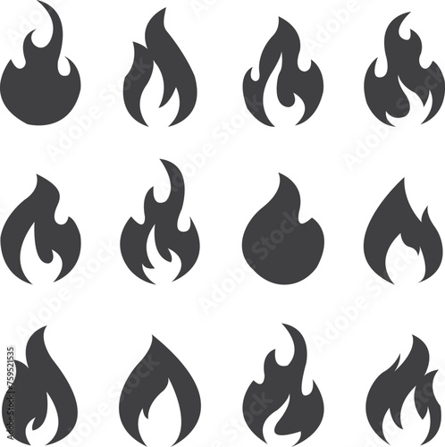 Fire flames icon set , black different styles flames icon set, vector illustration 