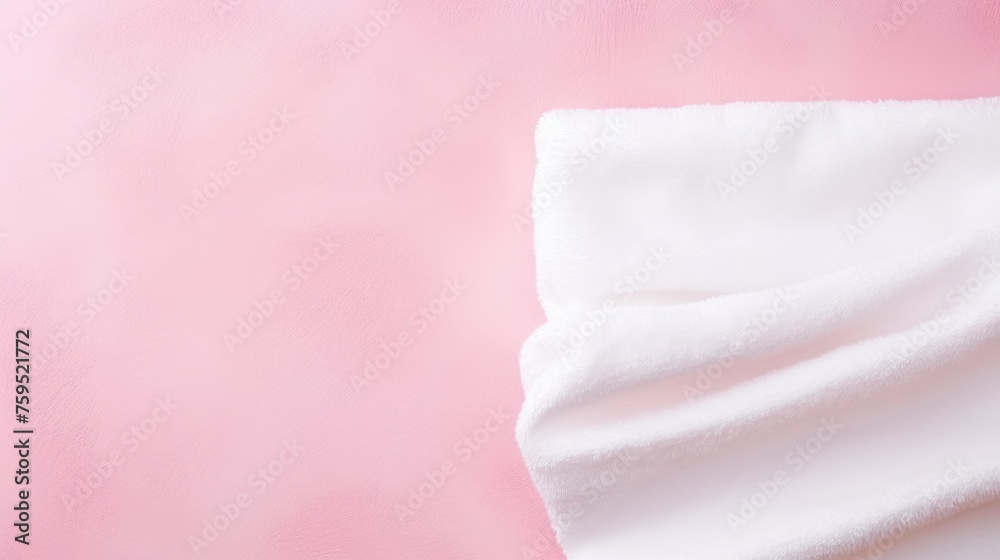 White cotton towels on a pink background. Bathroom decor and accessories.