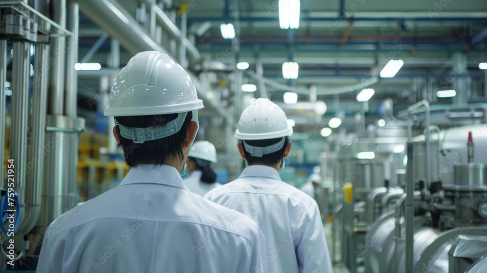 Engineers and factory managers wearing safety helmets inspect the machines in the production Engineers and factory managers wearing safety helmets inspect the machines in the production