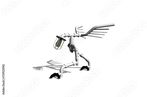 A lamp in the shape of a bird stands on a white background. 3D render illustration.