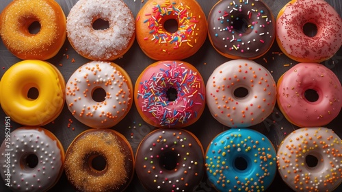 food background variety of donuts top view photo